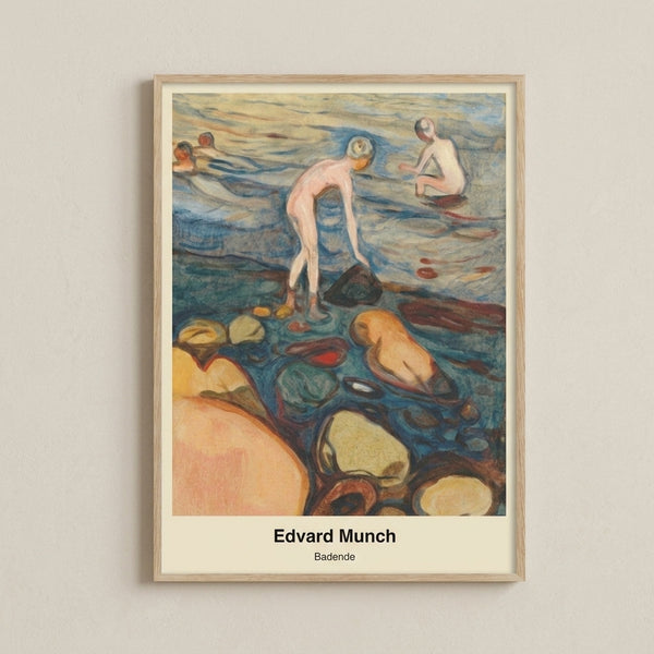 Munch's Badende poster on wall showing figures in water rendered in expressive brushstrokes with a contemplative, serene mood.