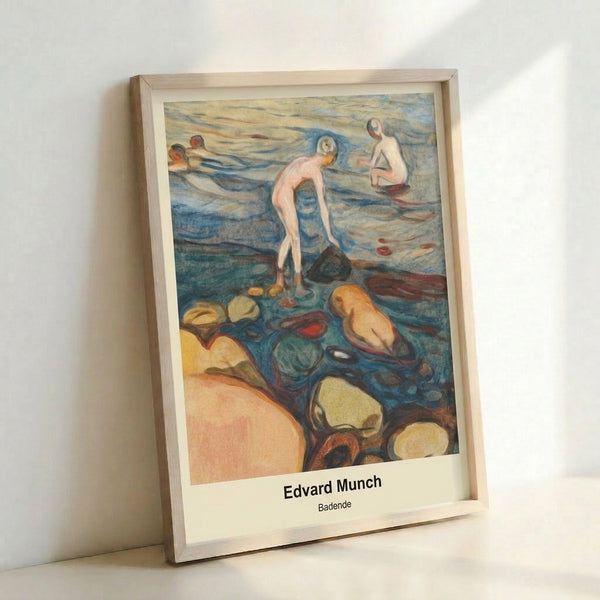 Edvard Munch's Badende beach scene art print with loose, flowing watercolor style in cool aquatic hues and muted earth tones.