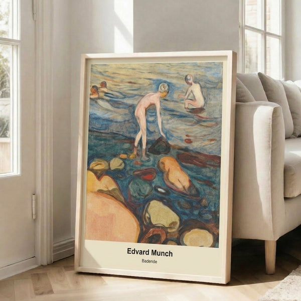 Framed Badende print featuring Munch's interpretation of beach bathers in impressionistic watercolor with atmospheric blue and green palette.