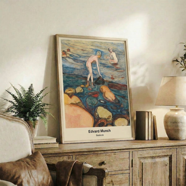 Wall-mounted Badende art poster by Edvard Munch, modern expressionist beach scene with soft, layered watercolor strokes in tranquil colors.