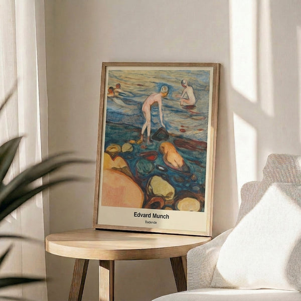 Edvard Munch's Badende poster art print showcasing swimming figures in a contemplative watercolor style with cool, peaceful tones.