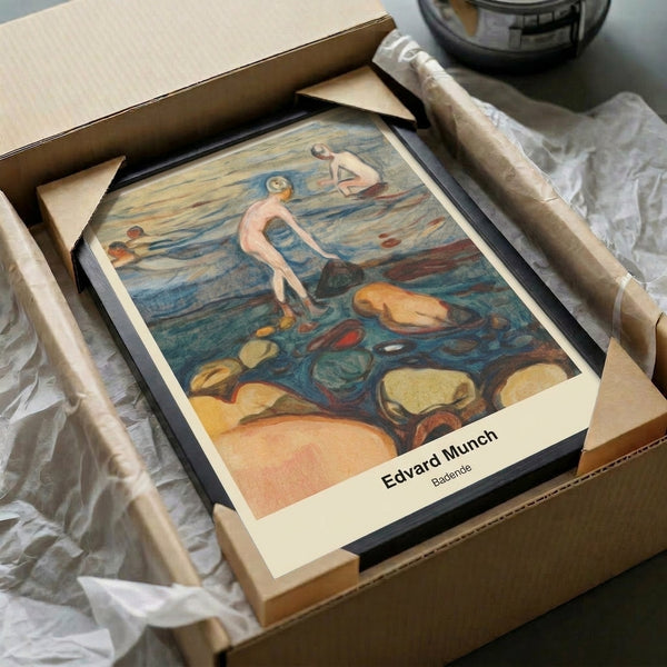 Badende beach print by Munch displayed as framed wall art, featuring expressionistic bathers in soft watercolor with serene, introspective mood.