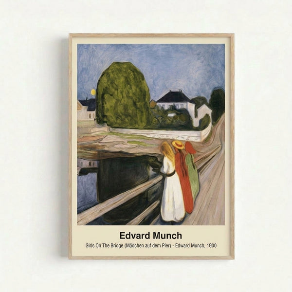 Munch's Girls On The Bridge art print showing elegantly dressed women on a bridge overlooking water, painted in impressionistic technique with warm ochres, cool greens, and shadowy undertones creating a melancholic, introspective atmosphere.