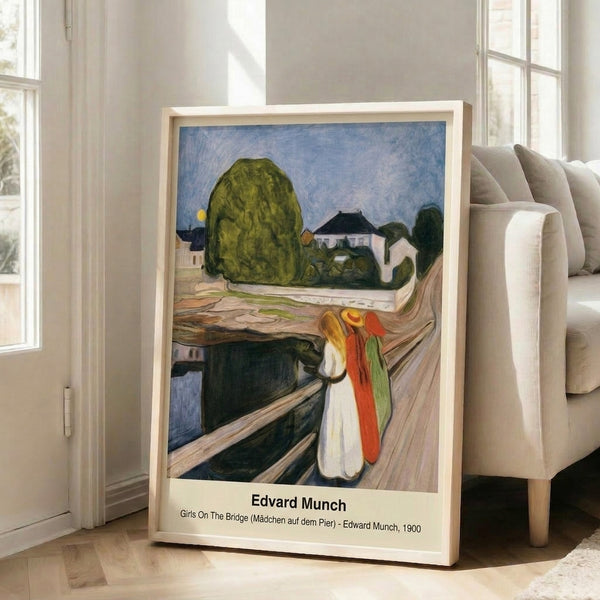Girls On The Bridge Munch print showing three women on a wooden bridge in contemplative poses, painted with soft impressionistic layers of cool and warm tones creating a pensive, introspective mood suitable for fine art decor.