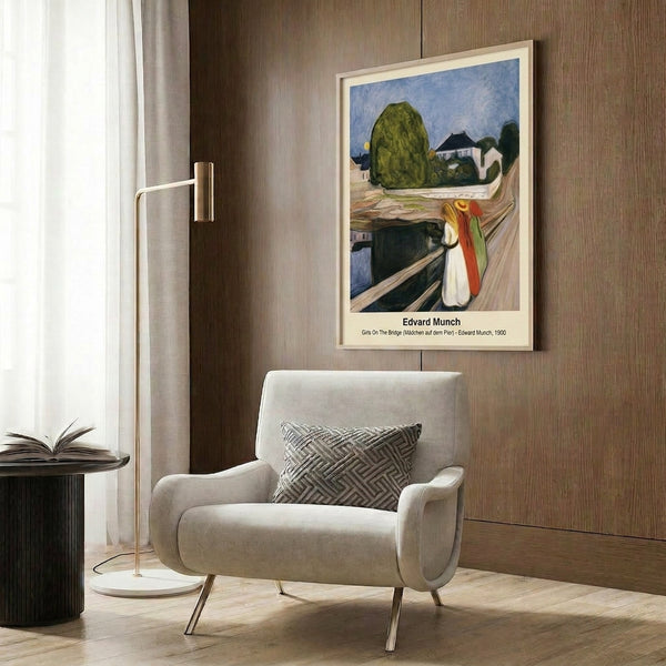 Impressionist-style framed poster of Munch's Girls On The Bridge with female figures in late 19th century dress posed on a bridge overlooking water, rendered in harmonious blues, greens, and ochre creating psychological depth and melancholic beauty.