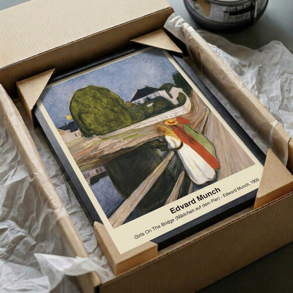 Munch Girls On The Bridge wall art print capturing three elegantly dressed figures on a bridge with water beneath, using impressionistic technique and a subdued palette of muted earth tones and cool blues to convey contemplative, introspective emotion.