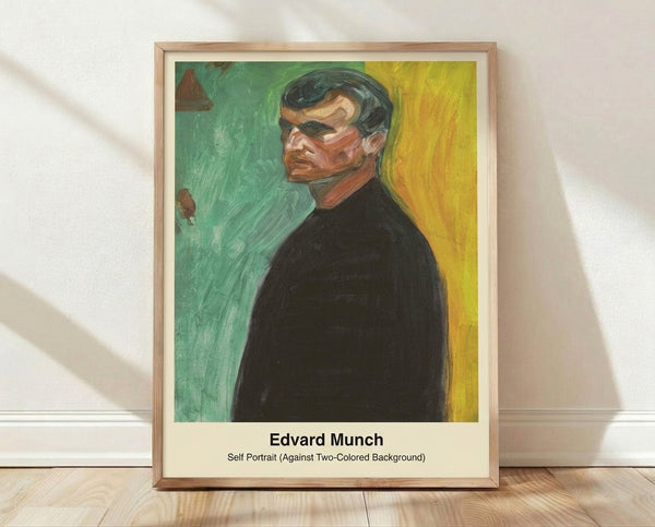 Expressionist self-portrait print in dark two-toned palette featuring abstracted facial features, moody and introspective artwork in muted colors on framed wall art.