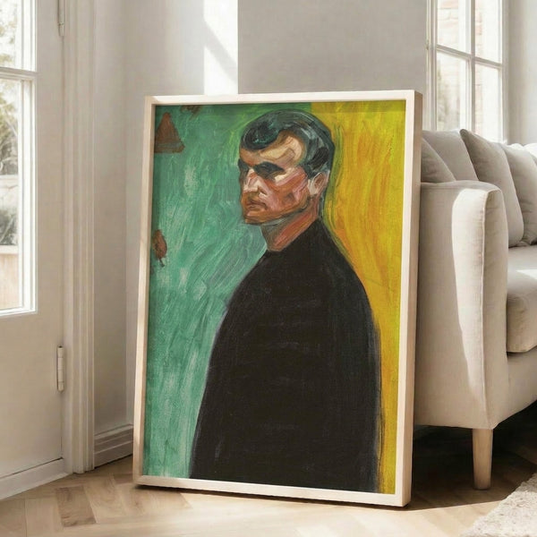 Abstracted self-portrait featuring muted earth tones and dark accents, conveying psychological intensity through simplified forms and expressionist technique.