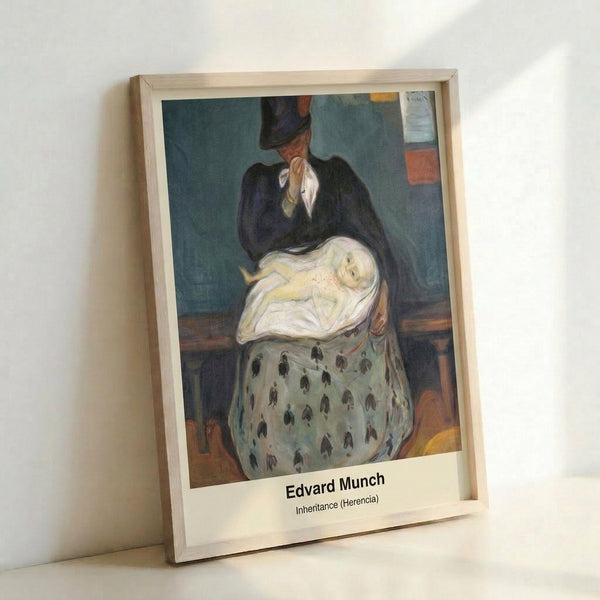 Framed art print showing a mysterious faceless figure in expressionist style with rich, shadowy colors evoking psychological tension and introspection.