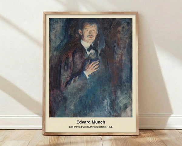 Expressionist self-portrait of a man holding a cigarette, rendered in muted earth tones and dark accents, capturing a contemplative and introspective mood.