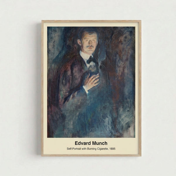 Framed poster art print featuring a moody self-portrait with cigarette in bold, simplified brushstrokes and a restrained color palette of browns and blacks.
