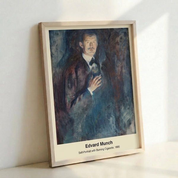 Minimalist portrait of a figure with cigarette against a soft, neutral background, painted in an expressive style with warm and cool tones blended throughout.