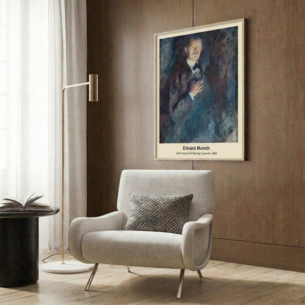 Expressionist framed print of a man with cigarette in subdued browns, taupes, and blacks, conveying a quiet, reflective atmosphere on canvas.