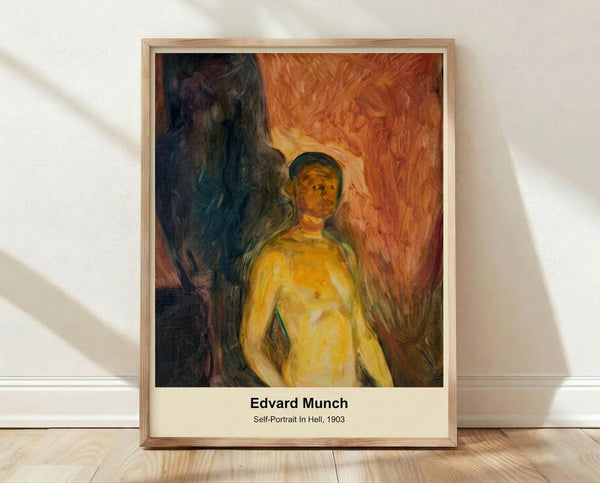 Expressionist self-portrait poster featuring a dark, haunting figure against a turbulent red and black background, evoking psychological distress and inner turmoil.