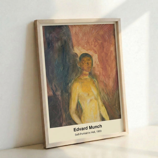 Edvard Munch-style self-portrait wall art depicting an anguished figure amid swirling, hellish brushwork in warm and dark hues.