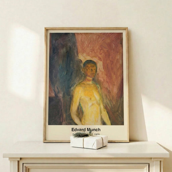 Dark expressionist poster art featuring a solitary male form against an unsettling backdrop of reds, blacks, and emotional intensity.