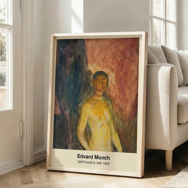 Moody expressionist portrait print with a brooding figure rendered in bold, distressed brushstrokes and a palette of crimson, black, and ochre tones.
