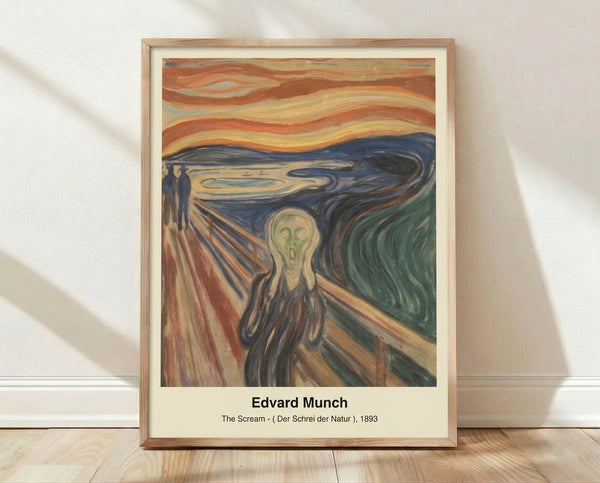 Edvard Munch's The Scream 1893, a haunting expressionist masterpiece depicting an anguished figure on a bridge with swirling orange and blue tones, framed on a wall.