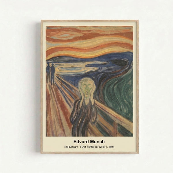 Distressed figure with hands to face against a tumultuous landscape of deep oranges and blues in Munch's iconic expressionist composition The Scream.