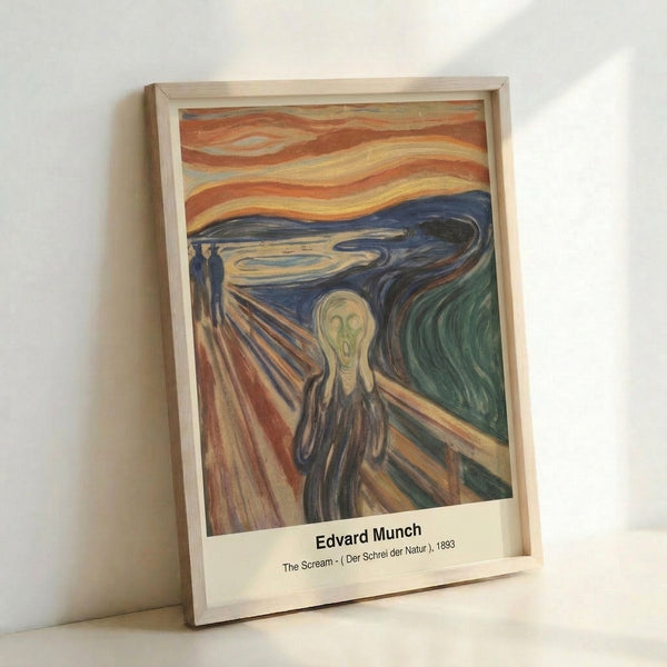 The Scream by Edvard Munch: expressionist artwork featuring a tormented central figure amid swirling, moody colors of burnt orange, deep blue, and violet hues.