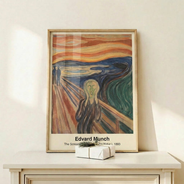 Expressionist wall art showing a screaming figure silhouetted against a dramatic, turbulent sky in shades of orange, red, and blue; Munch's 1893 masterwork.