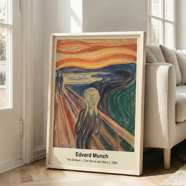 Munch's The Scream framed poster: an anxious, contorted figure dominates this expressionist composition with its unsettling palette of warm oranges against cool blues.