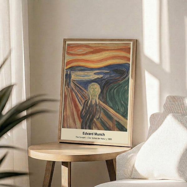 Dark expressionist artwork featuring an anguished figure on a boardwalk with a vortex of emotional color—burnt sienna, crimson, and indigo—creating visceral unease.