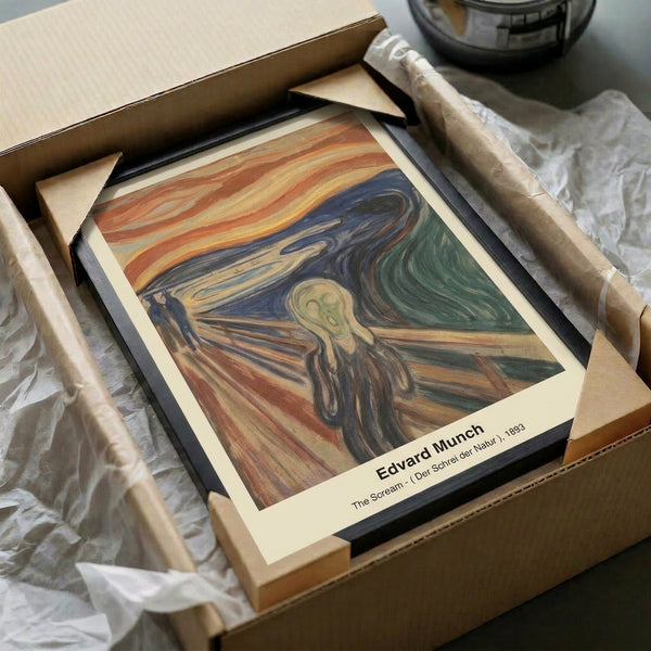The Scream 1893 wall print: a bridge scene rendered in expressionist style with a central tormented form surrounded by swirling, psychologically charged warm and cool tones.