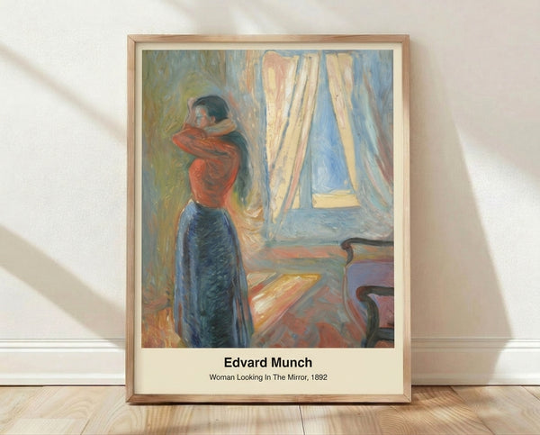 Framed poster of a woman gazing into a mirror in Munch's expressionist style, rendered in muted earth tones with psychological tension.
