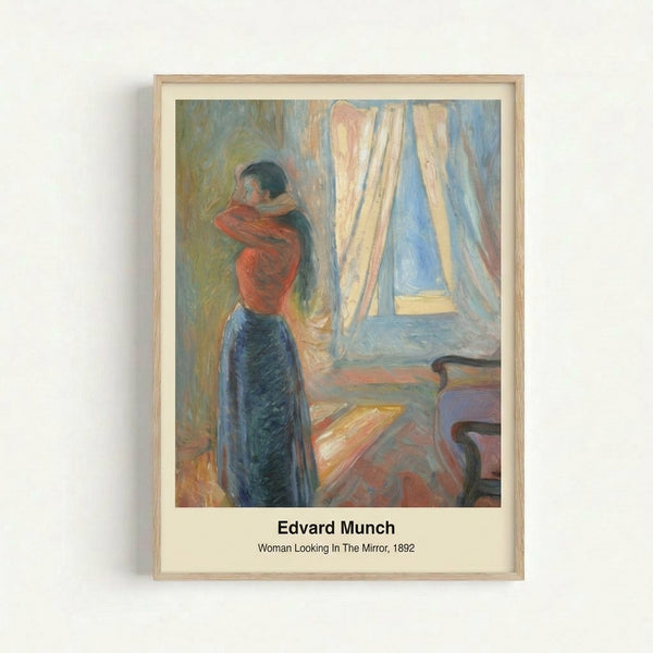 Modern art print showing a contemplative female figure before a mirror, featuring bold brushstrokes and an introspective mood in warm neutral hues.
