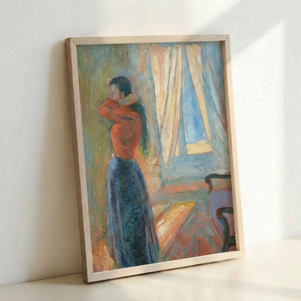 Expressionist wall art depicting a woman examining her reflection, characterized by distorted forms and a melancholic atmosphere in ochre and gray tones.