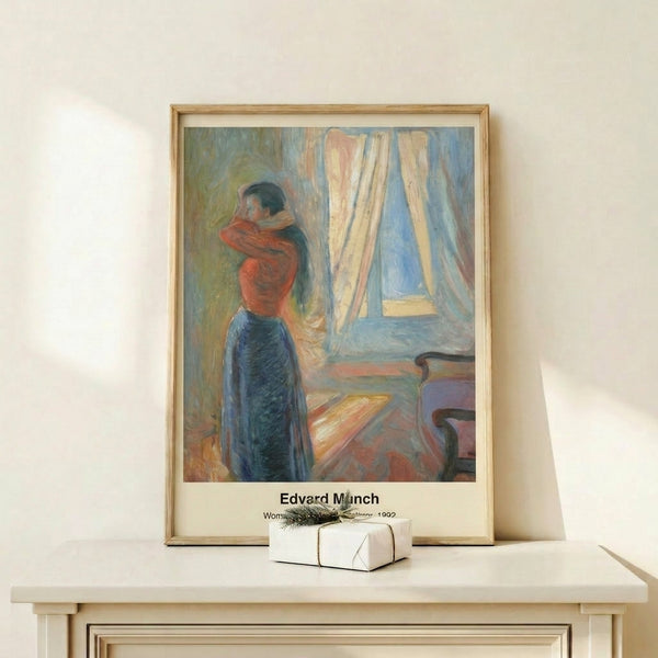 Framed poster capturing a solitary moment of self-reflection, painted in Munch's distinctive style with swirling, emotionally charged brushwork and subdued colors.