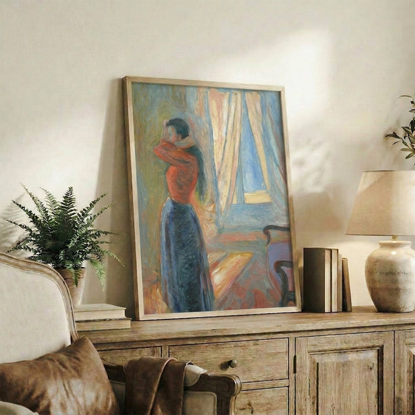 Modern art print in the expressionist tradition showing introspection through a woman's interaction with her reflection, dominated by earthy pigments and gestural marks.