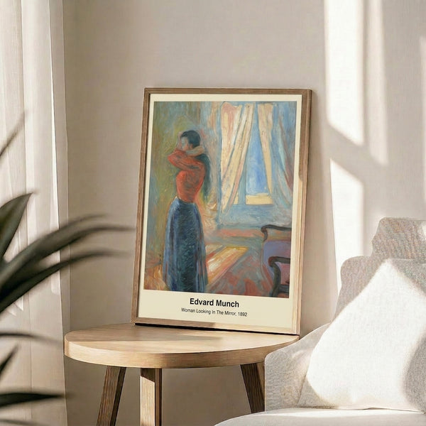 Framed artwork presenting a psychologically charged scene of self-examination, executed in expressive brushstrokes with a restrained palette of grays, ochres, and muted tones.