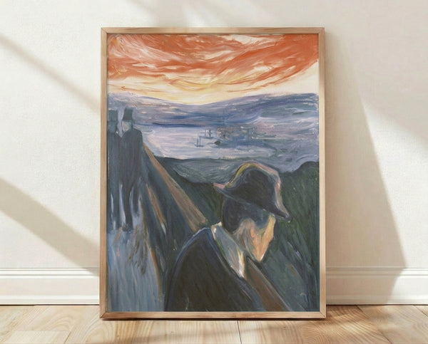 Expressionist framed poster featuring a solitary faceless figure against a tumultuous sunset sky in shades of orange, red, and deep purple, evoking existential melancholy.