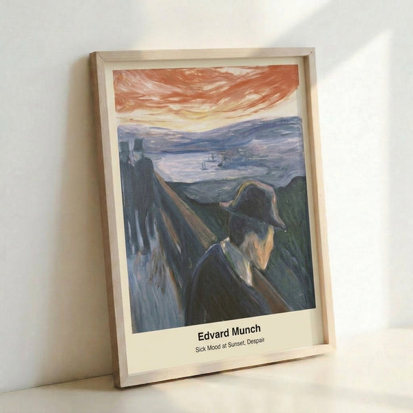 Modernist wall poster showing a contemplative figure with muted facial features gazing toward a restless golden-red horizon beneath moody atmospheric clouds.