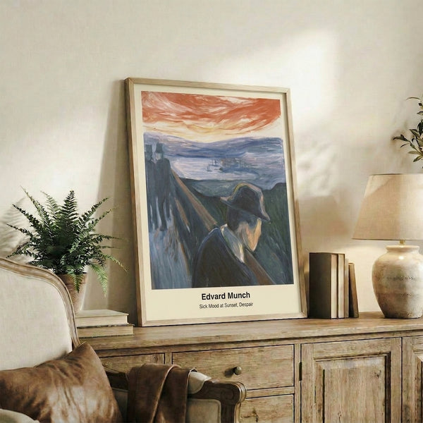 Retro poster art with an abstracted figure set against a swirling dusk landscape in sunset oranges and deep violet shadows, conveying emotional turbulence.