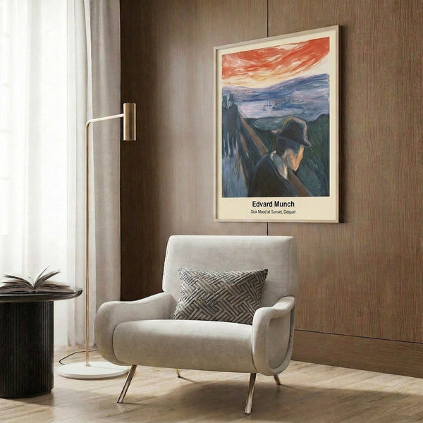 Modern wall art print in expressionist style showing a solitary human silhouette amid a vivid sunset palette of reds, golds, and purples, evoking existential mood.