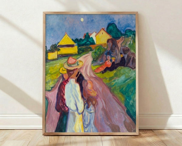 Munch Midsummer Nights Eve framed poster featuring an abstract faceless figure in muted blues and earth tones, evoking a contemplative, dreamlike mood.