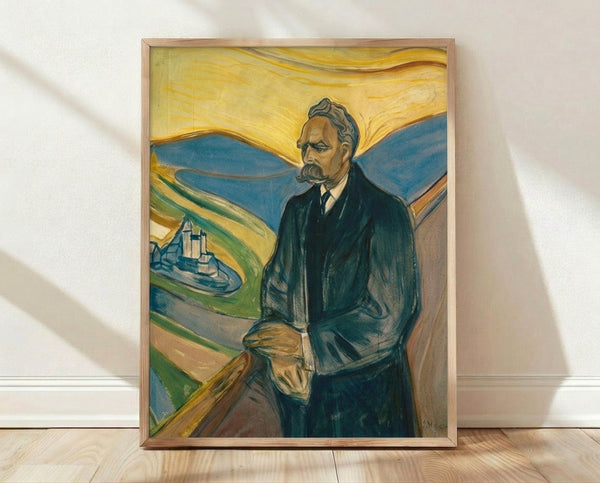 Edvard Munch's 1906 portrait of Nietzsche rendered in expressionist style with dark, muted tones and gestural brushstrokes, framed as a wall poster.