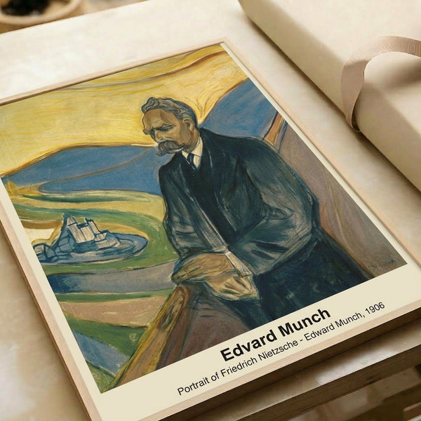 Early modernist portrait in dark browns and blacks with expressive, angular brushwork and haunting mood, displayed framed on a wall.
