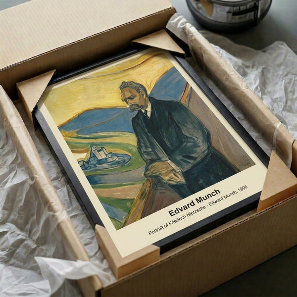 Psychological portraiture in the expressionist tradition with brooding atmosphere and subdued earth tones, presented as a framed wall art print.