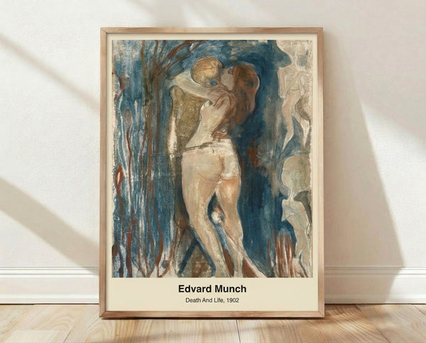 Symbolist poster featuring Edvard Munch's Death and Life composition with skeletal and living figures in earthy ochres, blacks, and flesh tones, evoking melancholic introspection.
