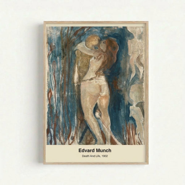 Framed art print of Munch's contrasting Death and Life imagery rendered in muted browns and blacks, capturing existential mood through expressive figurative forms.
