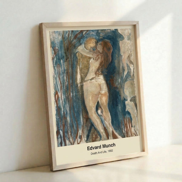 Vintage-style poster displaying Munch's haunting Death and Life motif with intertwined figures in somber, earthy palette suggesting mortality and existence.