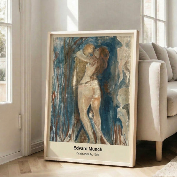 Symbolist wall art print of Munch's Death and Life featuring skeletal and vibrant human forms against dark, contemplative background in ochre and charcoal tones.