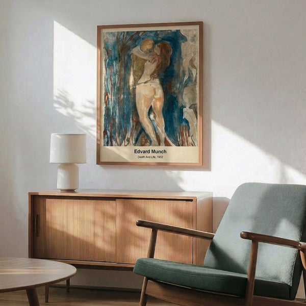 Framed reproduction of Munch's Death and Life artwork in subdued earth tones and shadows, capturing the painting's profound meditation on duality and existence.