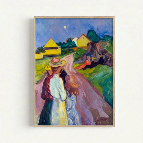 Expressionist-style art print featuring a faceless figure in warm ochre and cool blue tones, evoking a mysterious, introspective mood on a gallery wall.