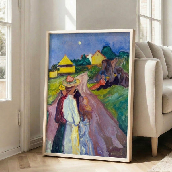Framed wall art print showing an abstracted human form in muted jewel tones and creams, with a haunting, contemplative presence.