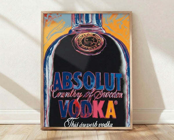 Pop art style framed poster featuring a bold, vibrant Absolut vodka bottle rendered in bright neon colors against a dynamic background, capturing the iconic aesthetic of contemporary art movements.